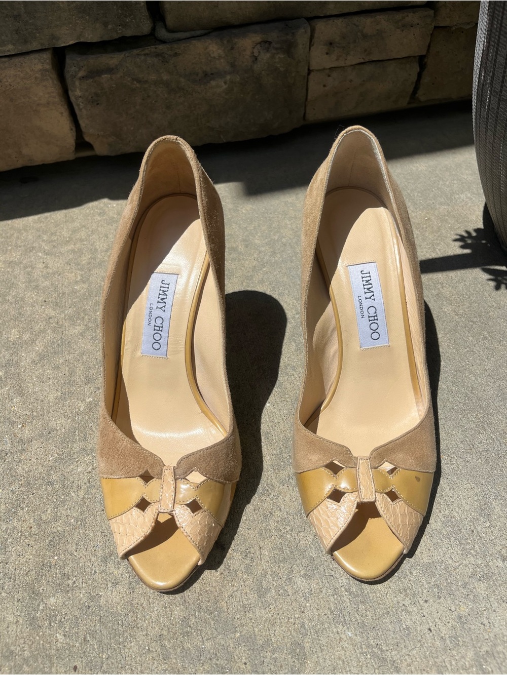 Jimmy Choo Tan Suede & Beige Peep-Toe Heels
